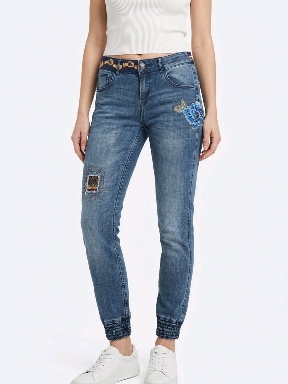 Desigual Blue Denim Cropped Jogger Jeans with Embroidered Waistband